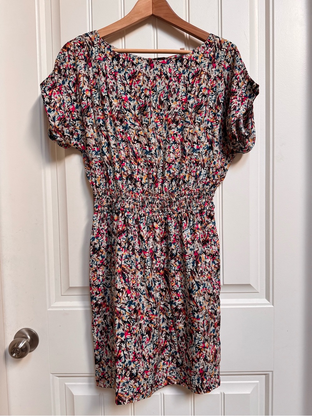 BCBGeneration Abstract Floral Mini Dress with Cutout Back Detail and Pockets. S